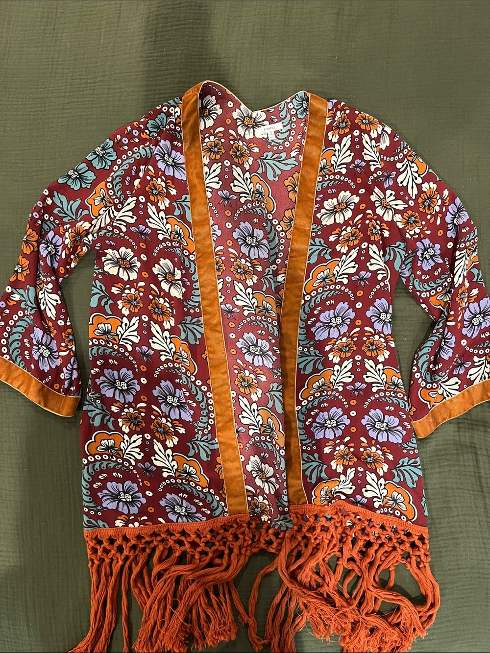 Jodifl Bohemian Floral Fringe Kimono Jacket - Rust